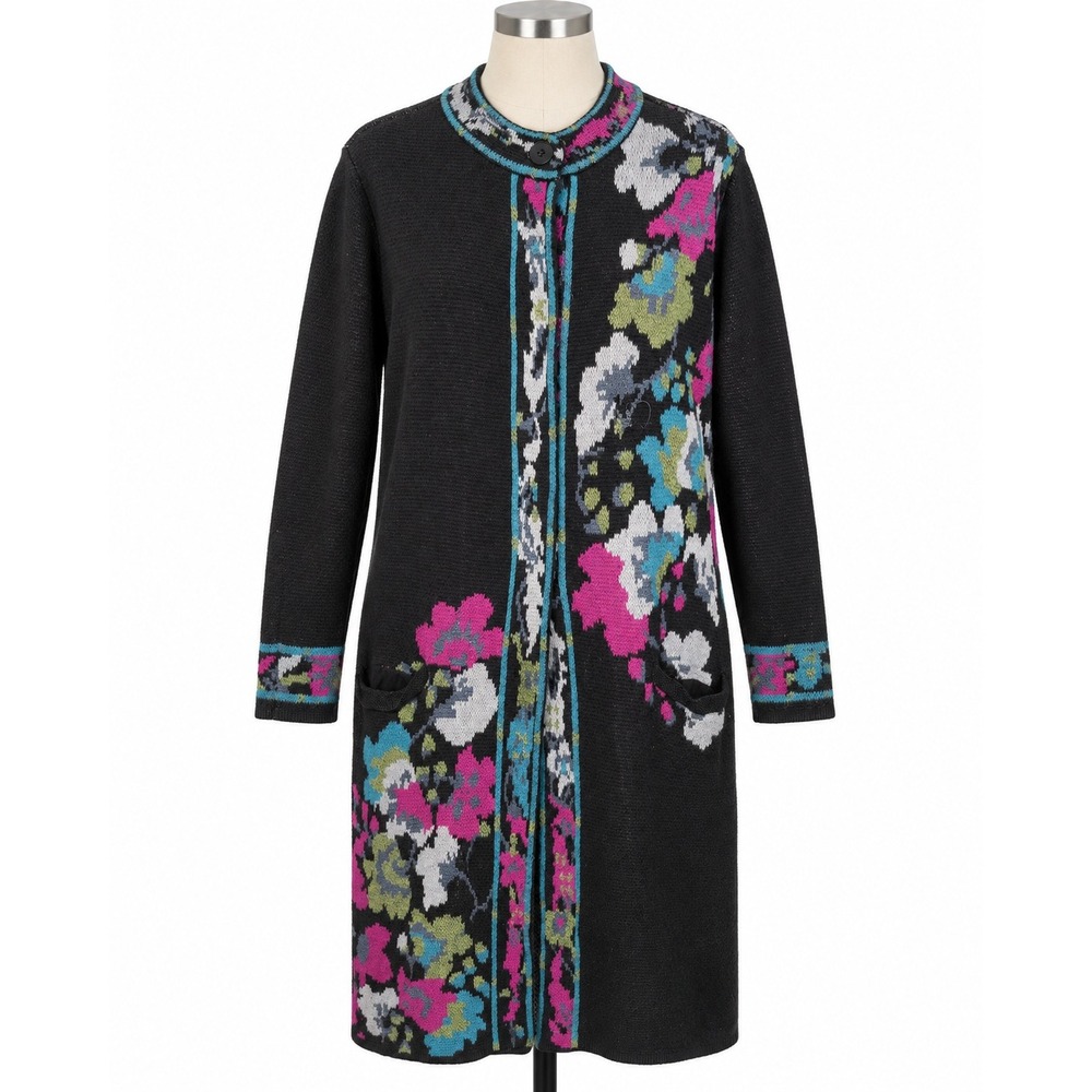J. Jill Floral Intarsia Cardigan Duster Womens Large Black Multi Fair Boho Art